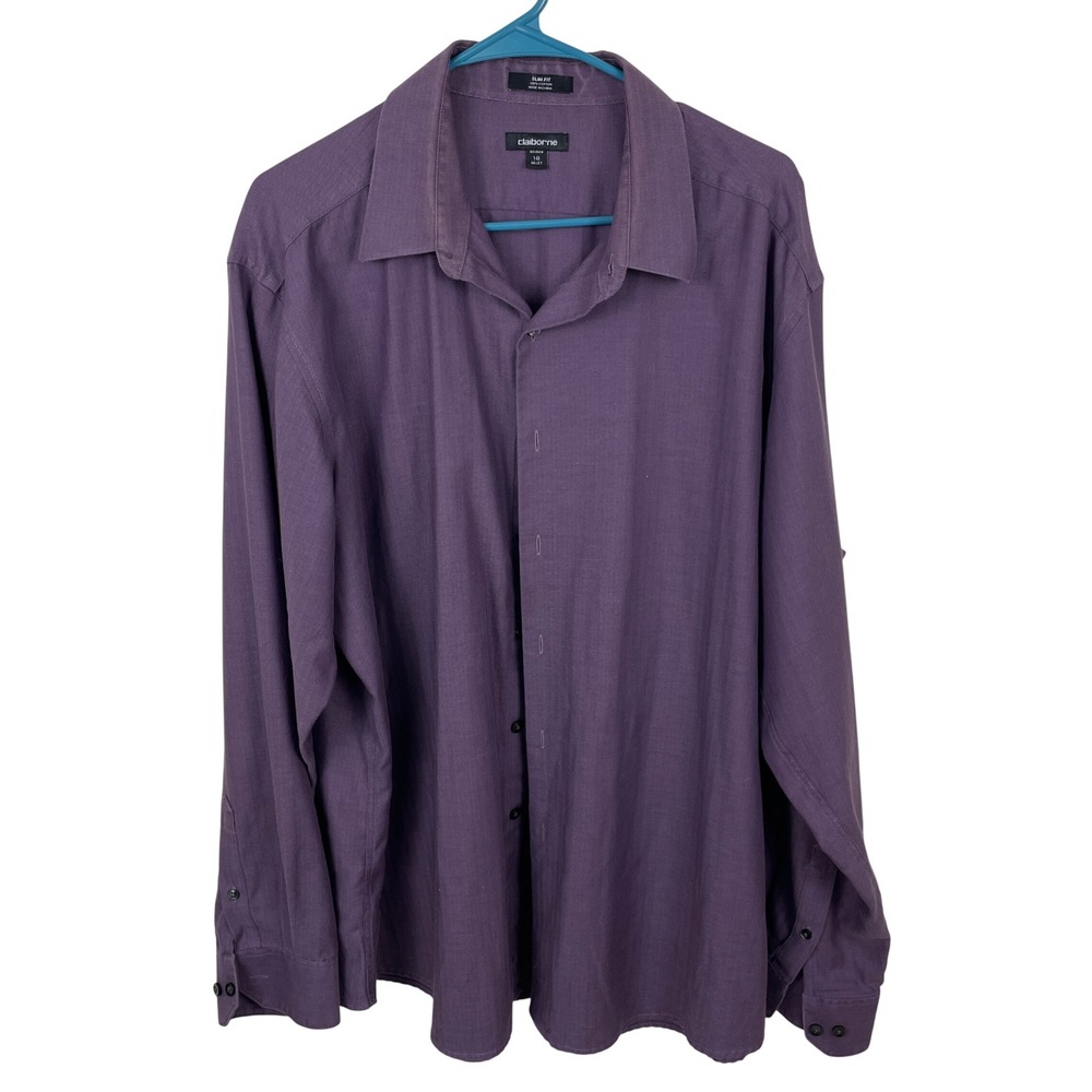 Claiborne Mens Purple Herringbone Slim‎ Fit No Iron Dress Shirt Size 18